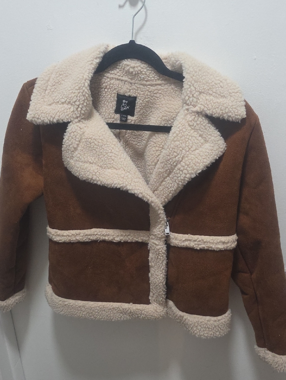 Faux Shearling Lined Brown Jacket with Cream Trim